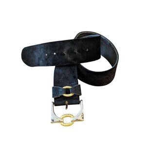 Vintage Womens Leather Belt Black Velvet Upper 28 in- 32 in Gold Buckle Med Wide